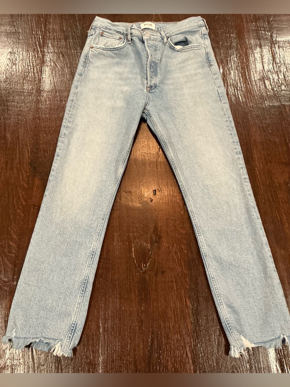 AGOLDE Light Wash High Rise Distressed Raw Hem Jeans 28